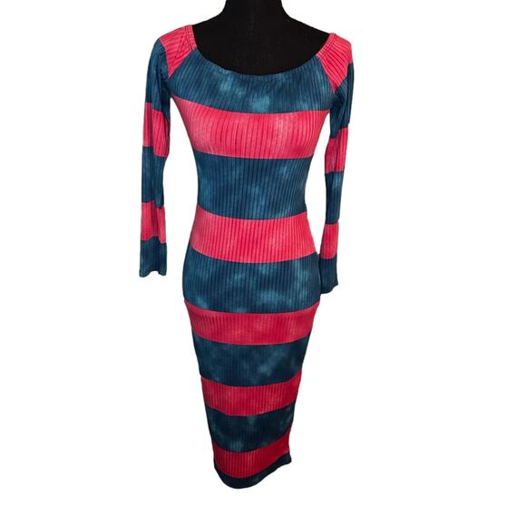 Magia Blue Pink Striped Midi Dress – Tie Waist, Stretch Fit - Picture 1 of 6